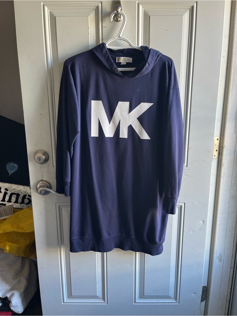 Michael Kors Navy Hooded Sweater Dress with White MK Logo